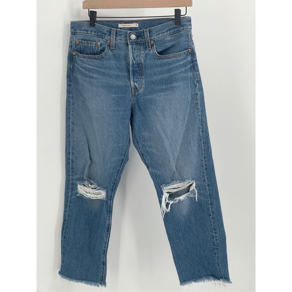 Levi's Wedgie Straight Jeans Women's Size 30 Blue High Rise Distressed - Picture 1 of 13